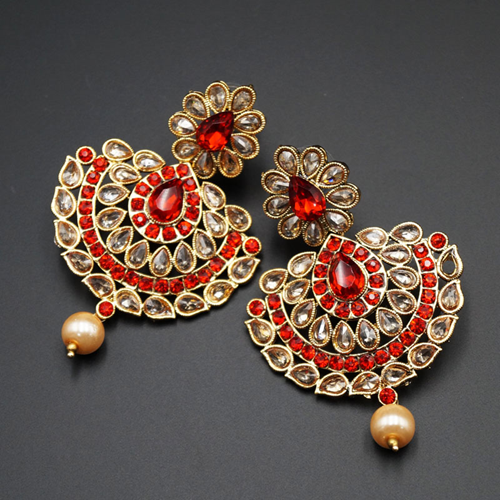 Kinu Gold and Red Polki Stone Earrings - Gold