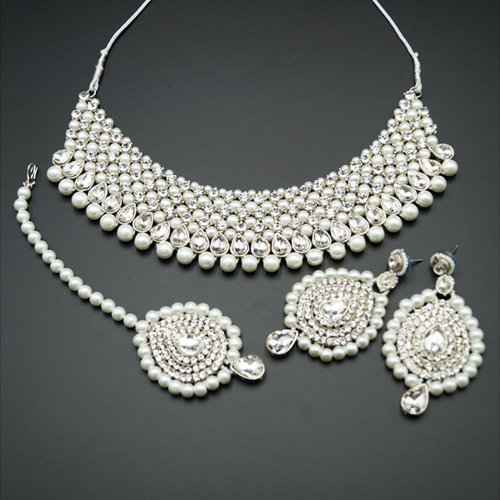 Lira White Diamante and Pearl Choker Necklace Set - Silver