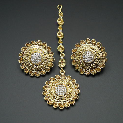 Reena Gold/White Diamante Stone Earring Tikka Set - Gold