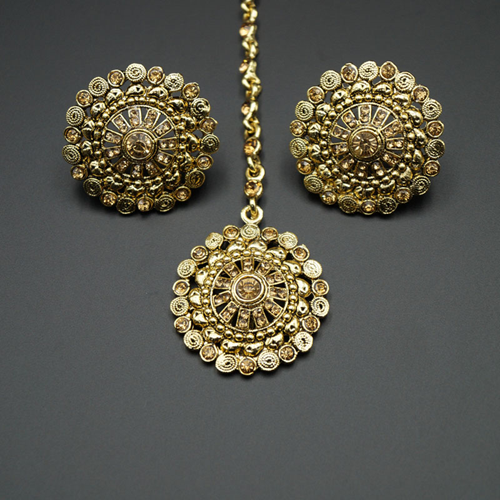 Sahae Gold Diamante Stone Earring Tikka Set - Gold