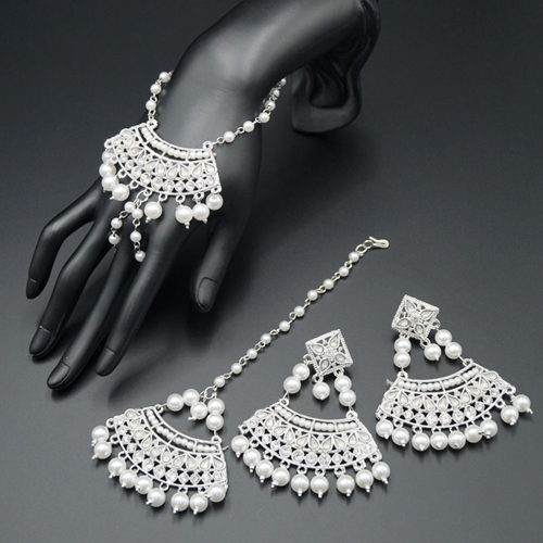 Bisthi White Diamante Earring Tikka and Hath Panja Set - Silver