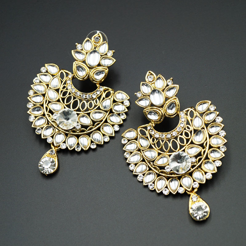 Urali White Kundan /Diamante Earrings- Gold