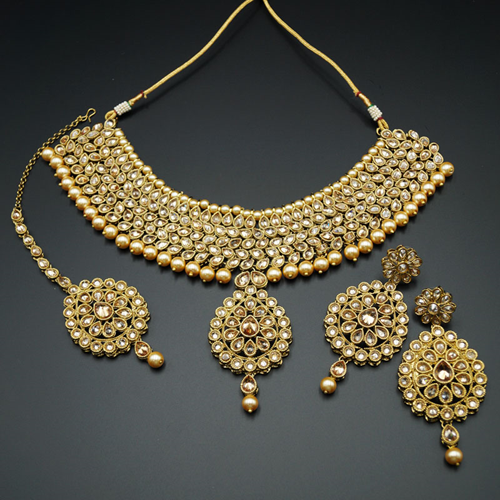 Jiaa - Gold Polki Stone Choker Necklace Set with Pearls- Antique Gold