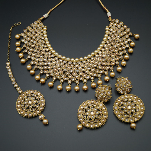 Kesav- Gold Polki Stone Choker Necklace Set with Pearls- Antique Gold