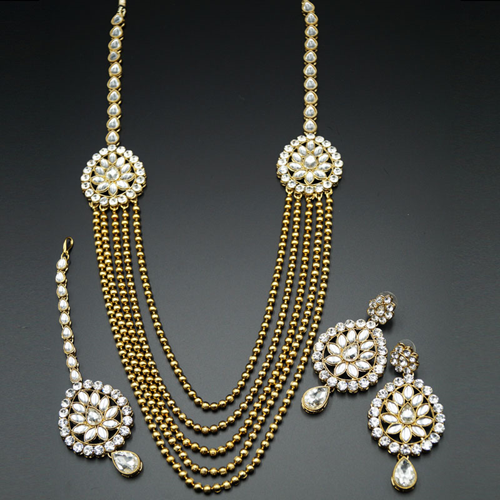 Aasa White Kundan and Diamante Rani Haar Set - Antique Gold