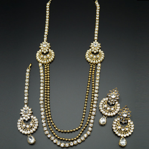 Erhi White Kundan and Diamante Rani Haar Set - Antique Gold