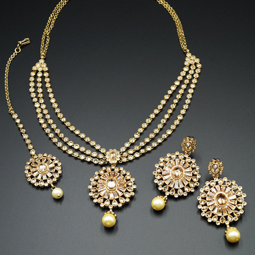 Ira Gold Polki Stone and Pearl Necklace Set - AntiqueGold