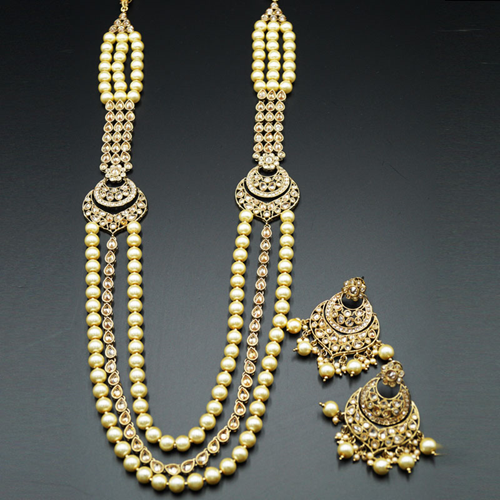 Magdi Gold Polki Stone and Pearl's Rani Haar Set - Antique Gold