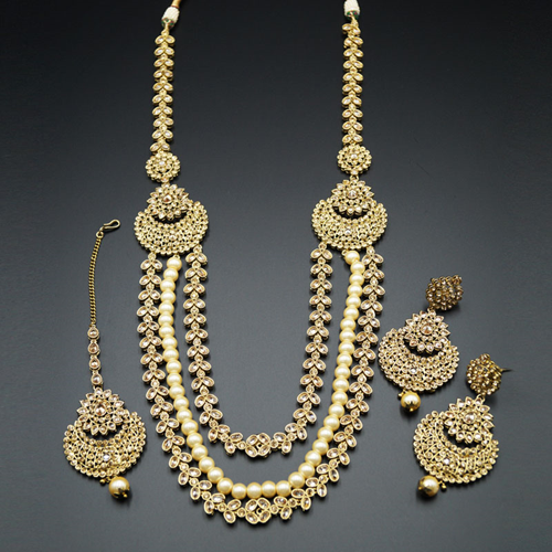 Nari Gold Polki Stone and Pearl's Rani Haar Set - AntiqueGold