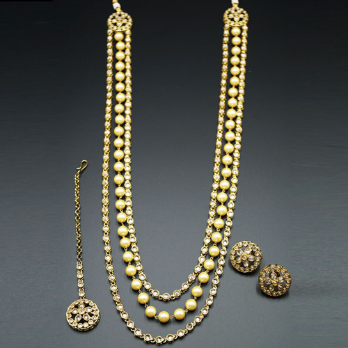 Noya Gold Polki Stone and Pearl's Rani Haar Set - AntiqueGold