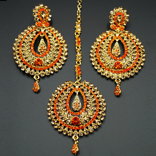 Kyra Orange Diamante Earring Tikka Set - Gold