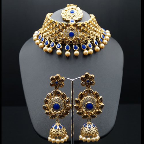 Nira Royal Blue/Gold Choker Necklace Set - Gold
