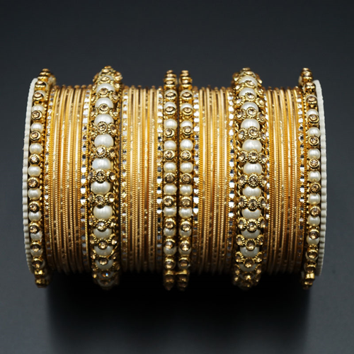 Hayat Gold Diamante and White Pearl Bangle Set - Gold