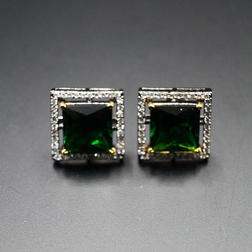Bidu- Green/White Gemstones Earrings - Antique Silver