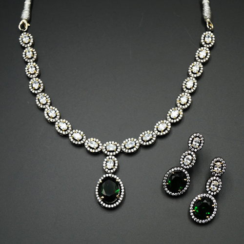 Leena Green/White Diamante Necklace Set - Antique Silver 