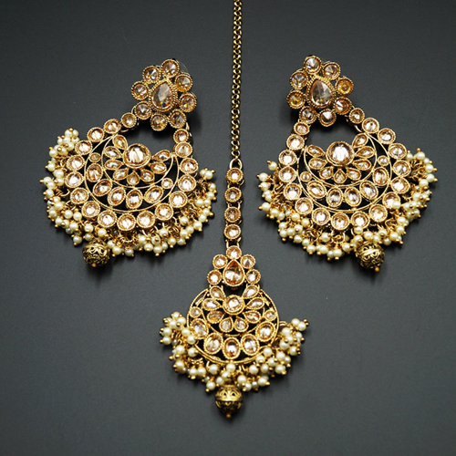 Meher -Gold Polki Stone and Pearl Earring Tikka Set - Antique Gold
