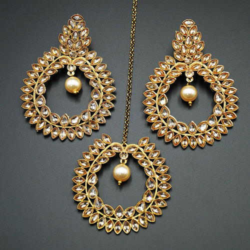 Sakhi - Gold Polki Stone and Pearl Earring Tikka Set - Antique Gold