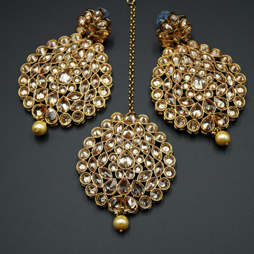Rubani - Gold Polki Stone and Pearl Earring Tikka Set - Antique Gold