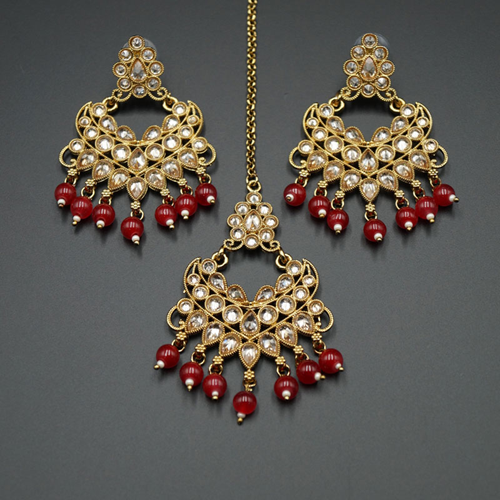 Yasti- Red/Gold Polki Stone Earring Tikka Set - Gold
