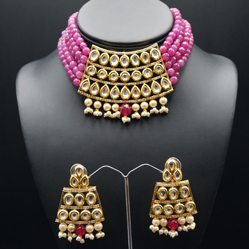 Meeta Pink Kundan Choker Necklace Set - Gold