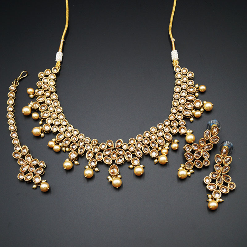 Garvita Gold Polki Stone and Pearl Choker Necklace Set - AntiqueGold