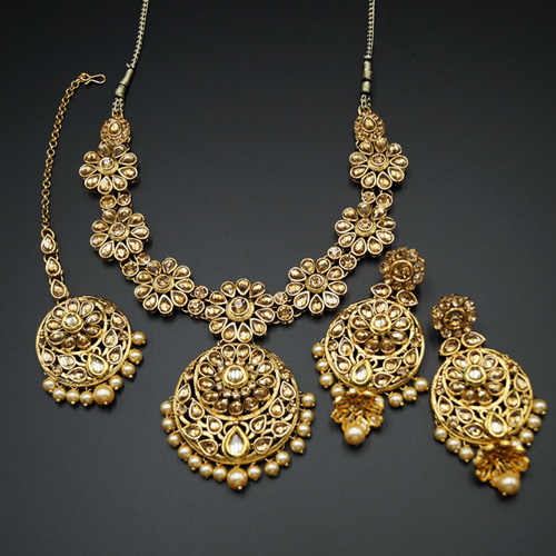 Benita Gold Stone Pearl Necklace Set - Gold