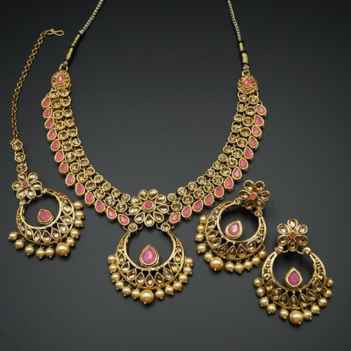 Elina Light Pink and Gold  Necklace Set - Gold