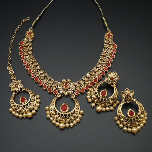 Elina Red and Gold  Necklace Set - Gold