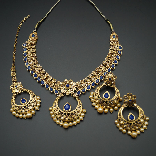 Elina Royal Blue and Gold Necklace Set - Gold