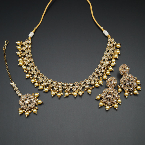 Tarz Gold Polki Stone/Pearl Necklace set - Antique Gold