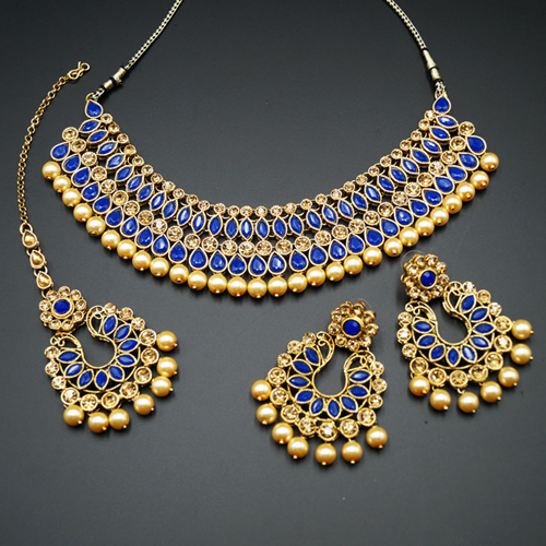 Anita Royal Blue/ Gold Choker Necklace Set - Gold