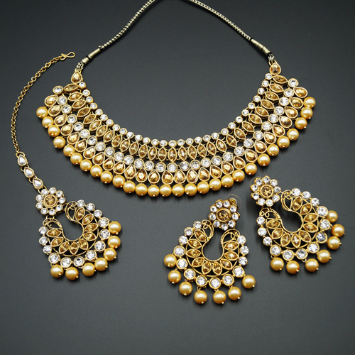 Anita Gold/White Stone Choker Necklace Set - Gold