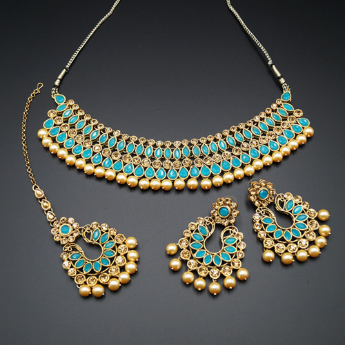 Anita Turquoise / Gold Choker Necklace Set - Gold
