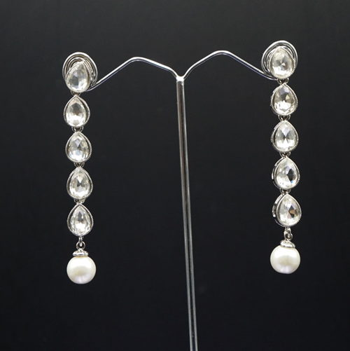 Tamana White Polki Stone Earrings - Silver