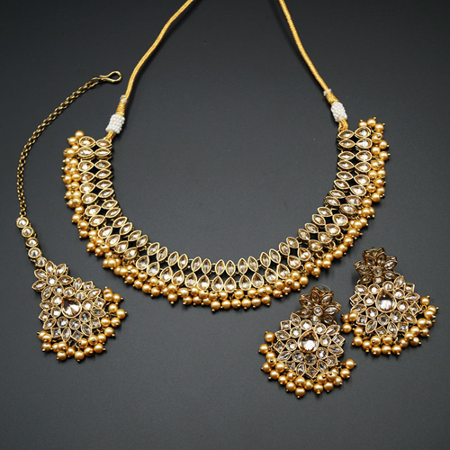Mahika - Gold Polki Stone Necklace set - Antique Gold