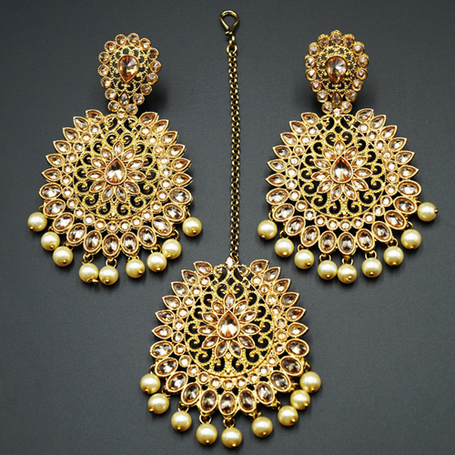Vanya-Gold Polki Stone and Pearl Earring Tikka Set - Antique Gold