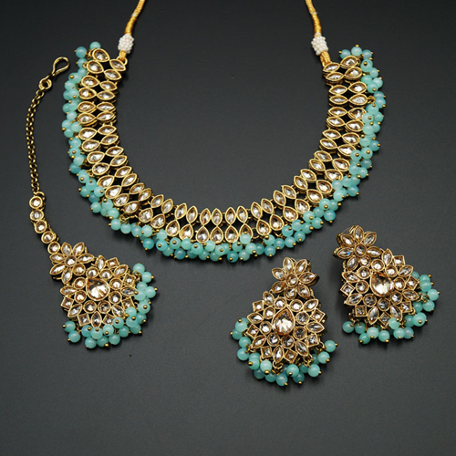 Mahika - Gold Polki Stone/Sky Blue Beads Necklace set - Antique Gold