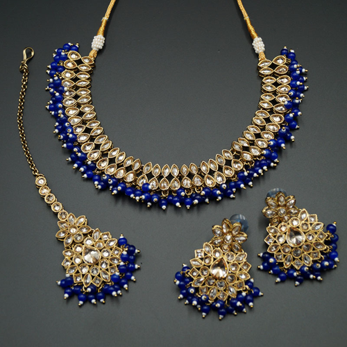 Mahika - Gold Polki Stone/ Royal Blue Beads Necklace set - Antique Gold