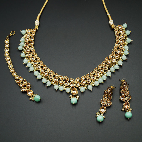Mahi - Gold Polki Stone/Sea Blue Beads Necklace set - Antique Gold