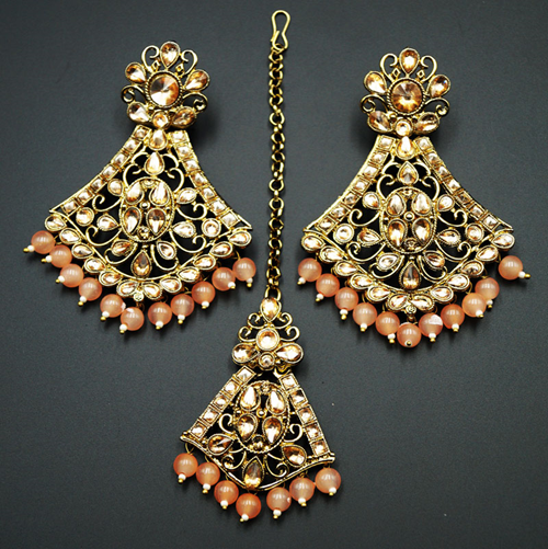 Inika Gold Diamante/ Light Peach Beads Earring Tikka Set - Gold
