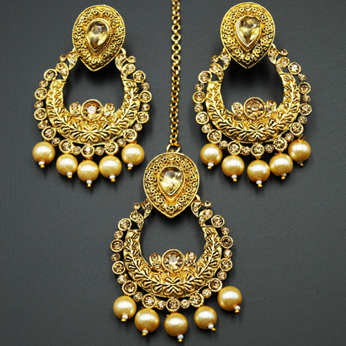 Kirti Gold Diamante / Pearl Earring Tikka Set - Gold