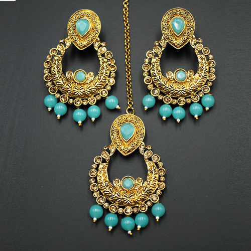 Kirti Gold Diamante /Sky Blue Beads Earring Tikka Set - Gold