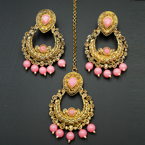 Kirti Gold Diamante / Pink Beads Earring Tikka Set - Gold