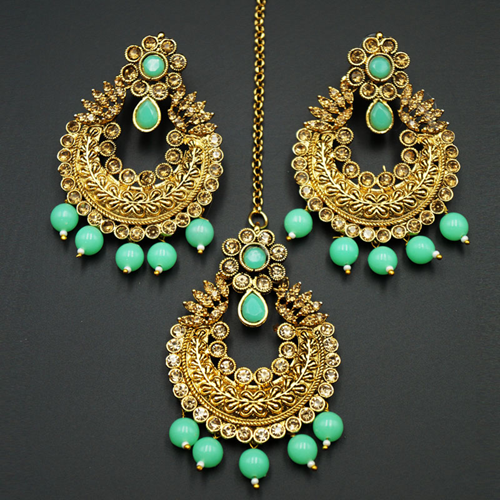 Edha Gold Diamante / Green Beads Earring Tikka Set - Gold