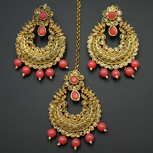 Edha Gold Diamante / Coral  Beads Earring Tikka Set - Gold