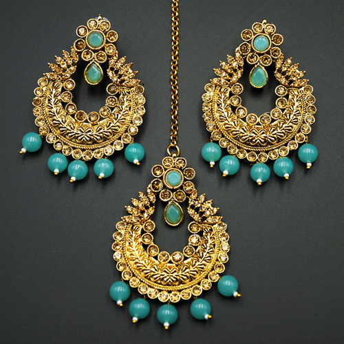 Edha Gold Diamante /Sky Blue Beads Earring Tikka Set - Gold