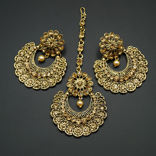 Ipsa  Gold Diamante Earring Tikka Set - Gold