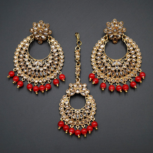 Saira- Gold Polki Stone/Red Beads Earring Tikka Set - Antique Gold