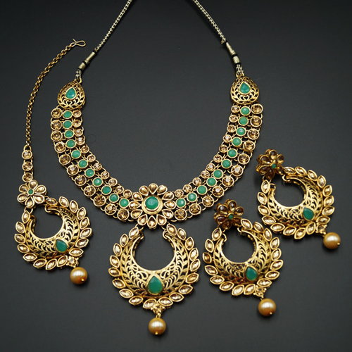 Talin Green and Gold Necklace Set - Gold