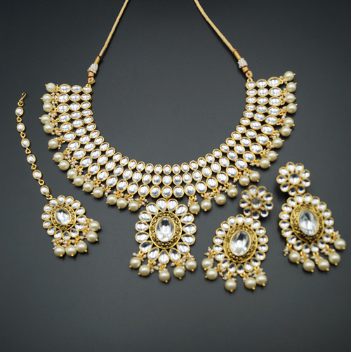 Rita White Stone Kundan Necklace Set - Gold
